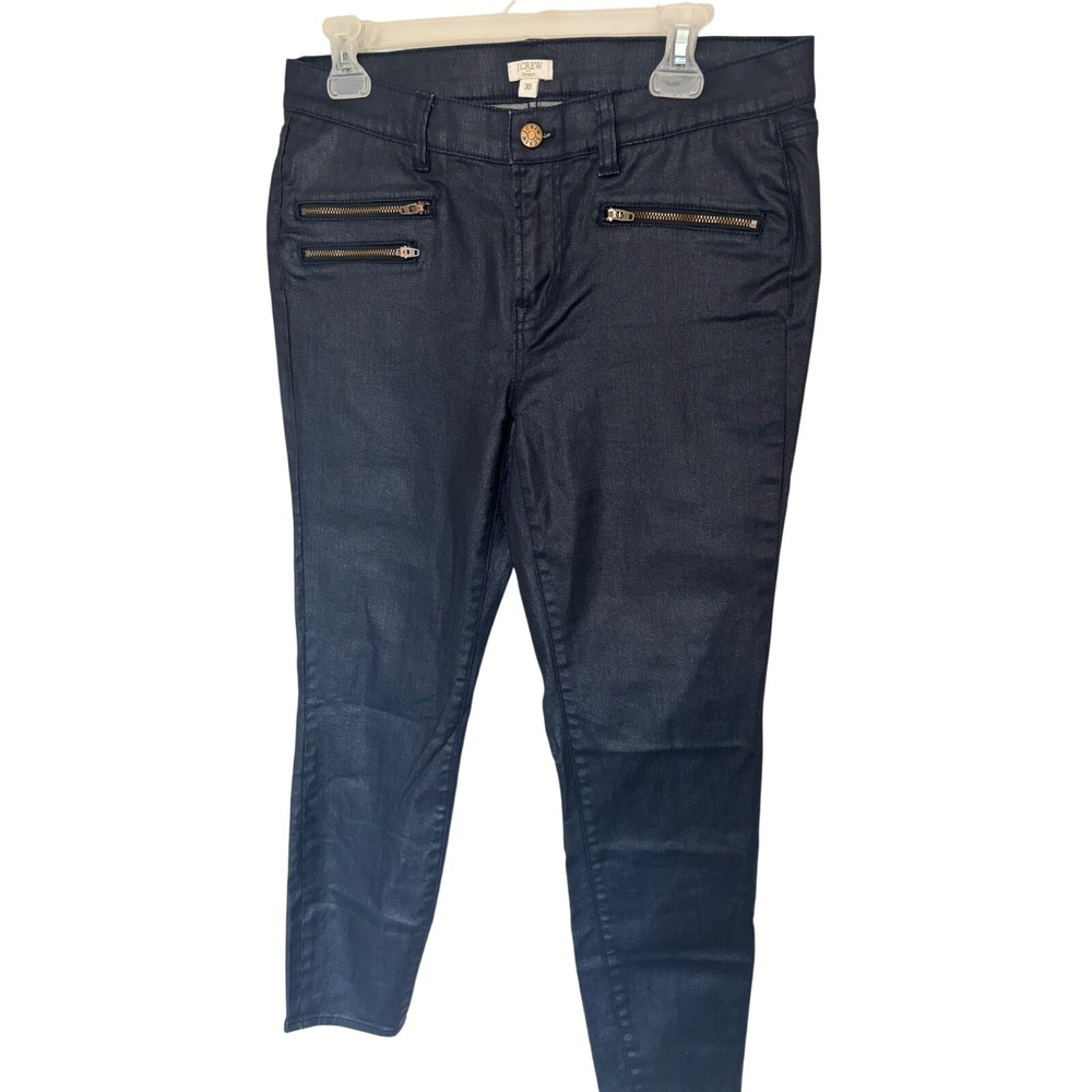 J.Crew Stretch Toothpick Jeans Navy Blue Coated Metallic Skinny Pants Womens 30